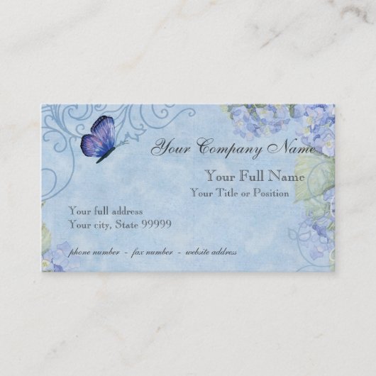 Blue Hydrangeas, Butterfly & Swirl Modern Floral Visitekaartje (Voorkant)