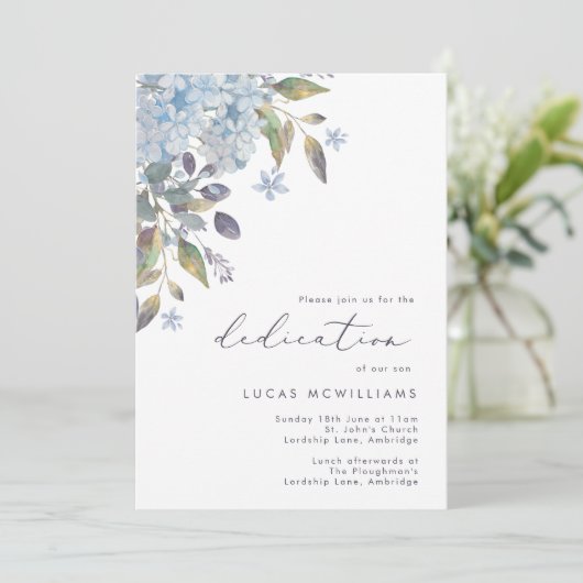 Blue Hydrangeas Calligraphy Baby Dedication Kaart (Staand voorkant)