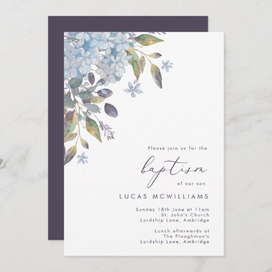 Blue Hydrangeas Calligraphy Baptisme Kaart (Voorkant / Achterkant)