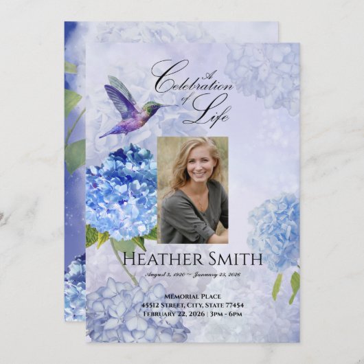 Blue Hydrangeas Celebration of Life Funeral Kaart (Voorkant / Achterkant)