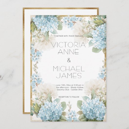 Blue Hydrangeas Elegant Wedding Kaart (Voorkant / Achterkant)