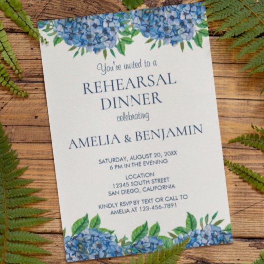 Blue Hydrangeas Elegant Wedding Rehearsal Dinner Kaart