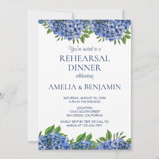 Blue Hydrangeas Elegant Wedding Rehearsal Dinner Kaart (Voorkant)