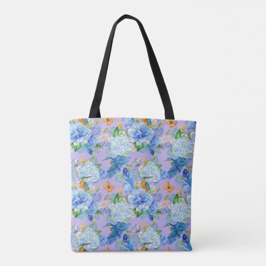 Blue Hydrangeas en Hummingbird Canvas tas (Achterkant)