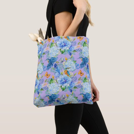 Blue Hydrangeas en Hummingbird Canvas tas (Dichtbij)