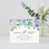 Blue Hydrangeas en Ivory Rozen Save the Date (Staand voorkant)