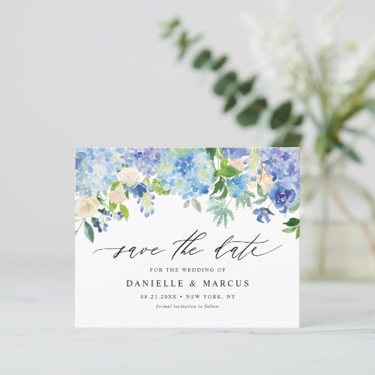 Blue Hydrangeas en Ivory Rozen Save the Date (Staand voorkant)