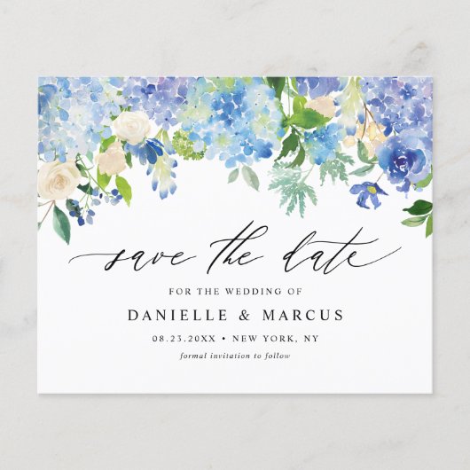 Blue Hydrangeas en Ivory Rozen Save the Date (Voorkant)