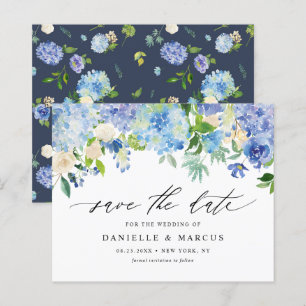Blue Hydrangeas en Ivory Rozen Save the Date