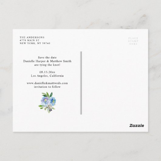 Blue Hydrangeas en Ivory Rozen Save the Date Briefkaart (Achterkant)