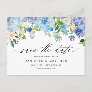 Blue Hydrangeas en Ivory Rozen Save the Date Briefkaart