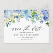 Blue Hydrangeas en Ivory Rozen Save the Date Briefkaart (Voorkant)