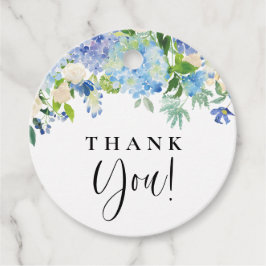 Blue Hydrangeas en Ivory Rozen Weddenschap Harteli Bedankjes Labels