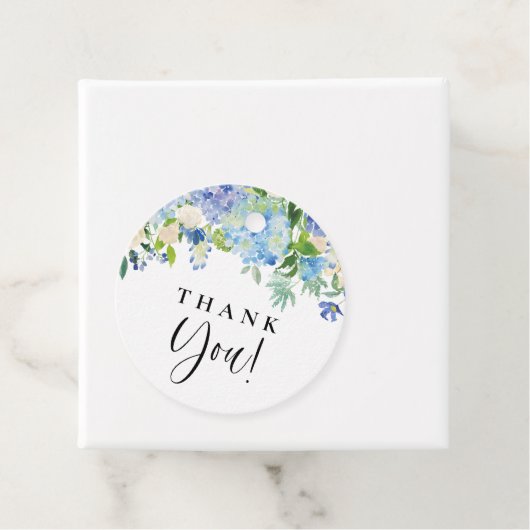 Blue Hydrangeas en Ivory Rozen Weddenschap Harteli Bedankjes Labels (In situ)