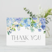 Blue Hydrangeas en Ivory Rozen Wedding Bedankkaart (Staand voorkant)