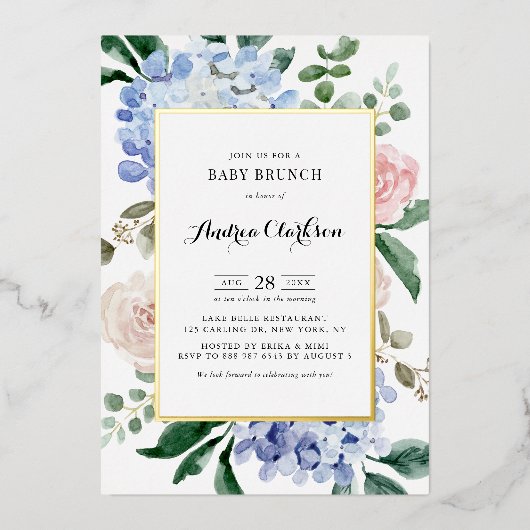 Blue Hydrangeas en Roses Baby Brunch Folie Uitnodiging (Voorkant)