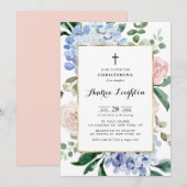 Blue Hydrangeas en Roze Roses Christening Kaart (Voorkant / Achterkant)