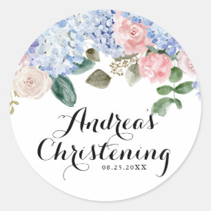 Blue Hydrangeas en Roze Roses Christening Ronde Sticker