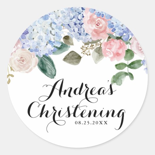 Blue Hydrangeas en Roze Roses Christening Ronde Sticker (Voorkant)