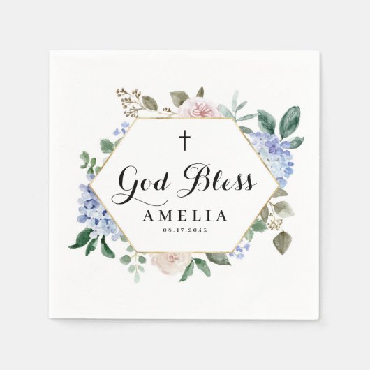 Blue Hydrangeas en Rozen God Bless Floral Lijst Servet (Voorkant)