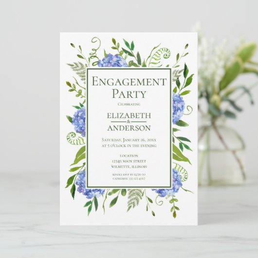 Blue Hydrangeas Engagement Party Invitation Kaart (Staand voorkant)