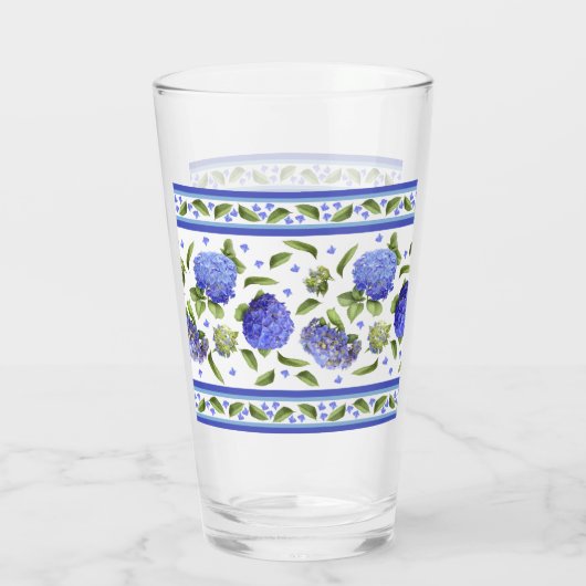 Blue Hydrangeas Fancy Leaf Border Glas (Achterkant)