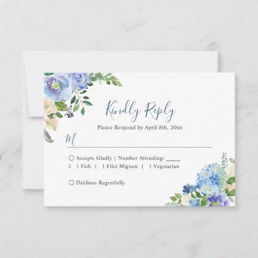 Blue Hydrangeas Floral Chic Wedding RSVP Kaartje (Voorkant)