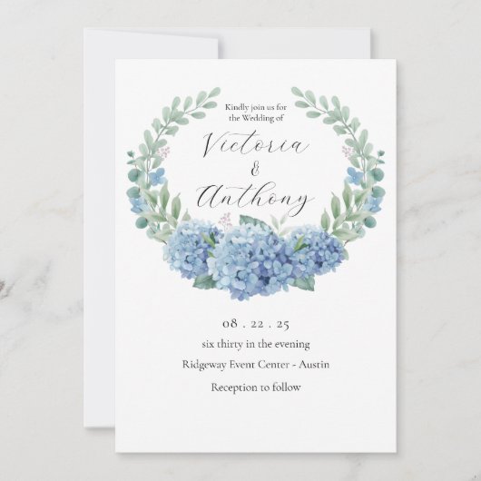 Blue Hydrangeas Floral Elegant Wedding Kaart (Voorkant)