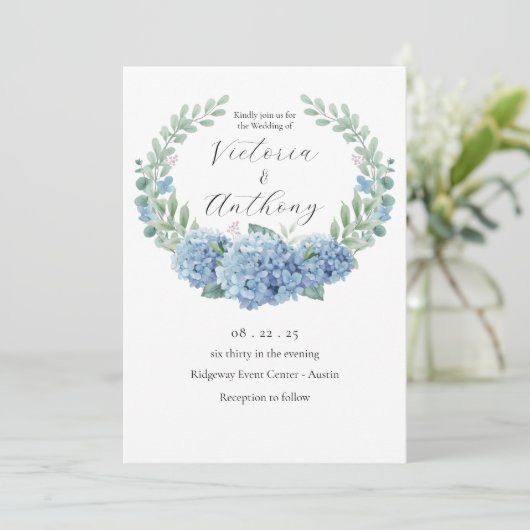 Blue Hydrangeas Floral Elegant Wedding Kaart (Staand voorkant)