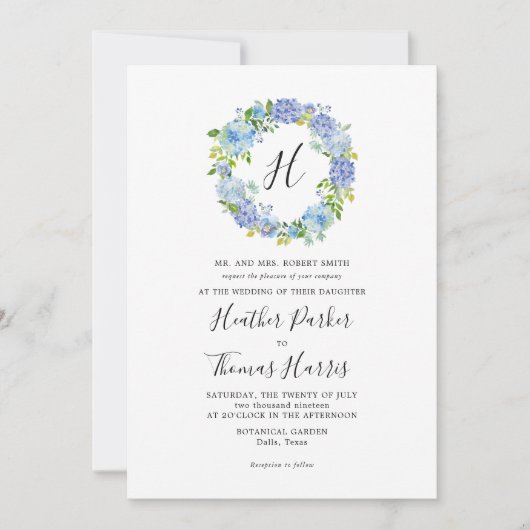 Blue Hydrangeas Floral Monogram Weddenschap Kaart (Voorkant)