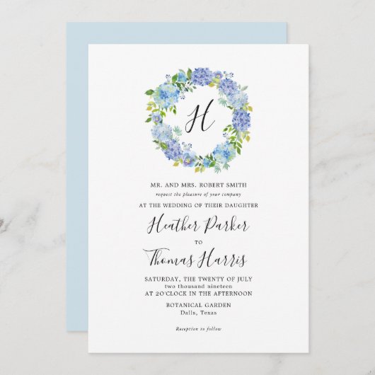 Blue Hydrangeas Floral Monogram Weddenschap Kaart (Voorkant / Achterkant)