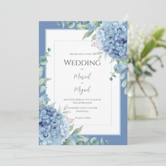 Blue Hydrangeas Floral Photo Elegant Wedding Kaart (Staand voorkant)
