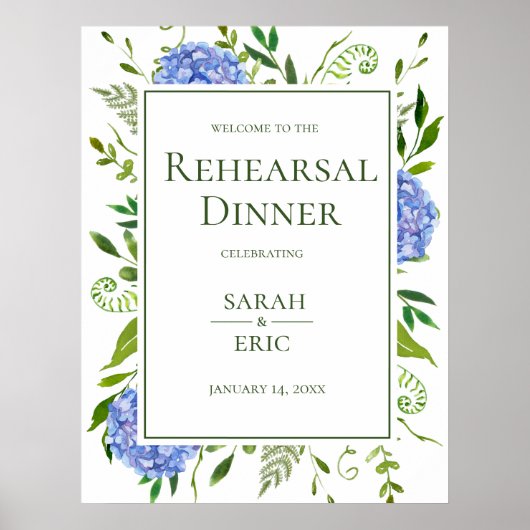 Blue Hydrangeas Floral Rehearal Dinner Sign Poster (Voorkant)