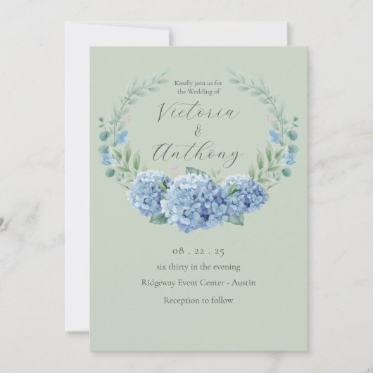 Blue Hydrangeas Floral Sage Green Wedding Kaart (Voorkant)