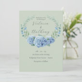 Blue Hydrangeas Floral Sage Green Wedding Kaart (Staand voorkant)