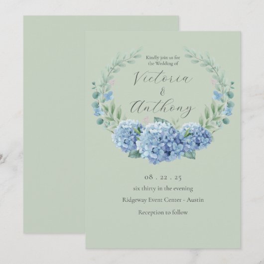 Blue Hydrangeas Floral Sage Green Wedding Kaart (Voorkant / Achterkant)