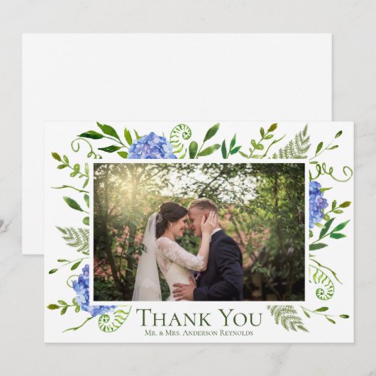 Blue Hydrangeas Floral Waterverf bruiloft foto Bedankkaart (Voorkant / Achterkant)