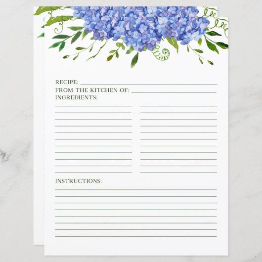 Blue Hydrangeas Floral Waterverf Recipe Page (Voorkant / Achterkant)