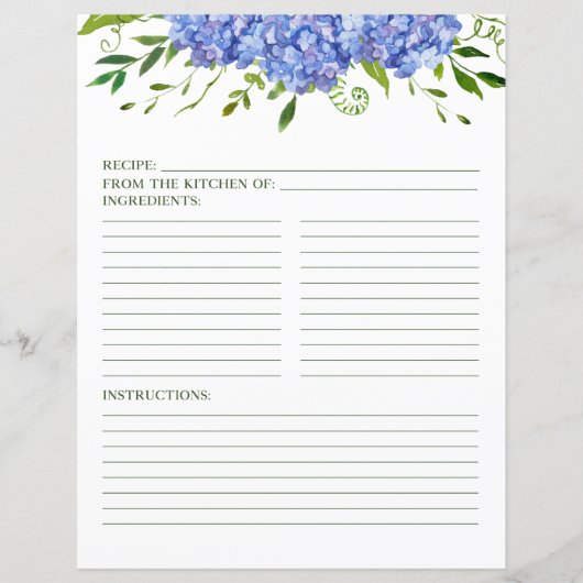 Blue Hydrangeas Floral Waterverf Recipe Page (Voorkant)