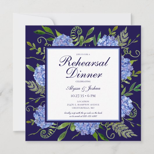 Blue Hydrangeas Floral Waterverf Rehearings Dinner Kaart (Voorkant)