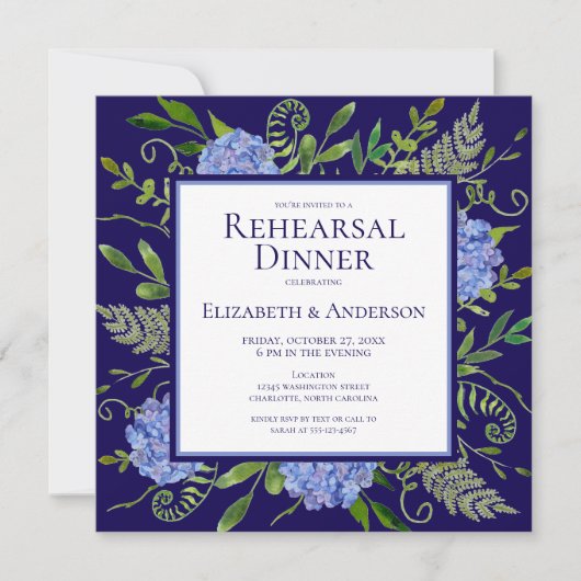 Blue Hydrangeas Floral Waterverf Rehearings Dinner Kaart (Voorkant)