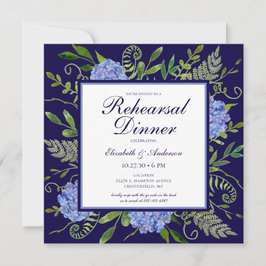 Blue Hydrangeas Floral Waterverf Rehearings Dinner Kaart (Voorkant)