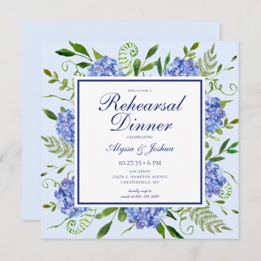 Blue Hydrangeas Floral Waterverf Rehearings Dinner Kaart (Voorkant / Achterkant)