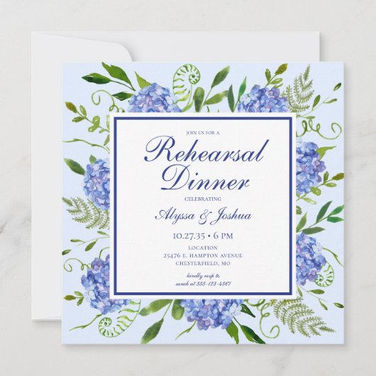 Blue Hydrangeas Floral Waterverf Rehearings Dinner Kaart (Voorkant)