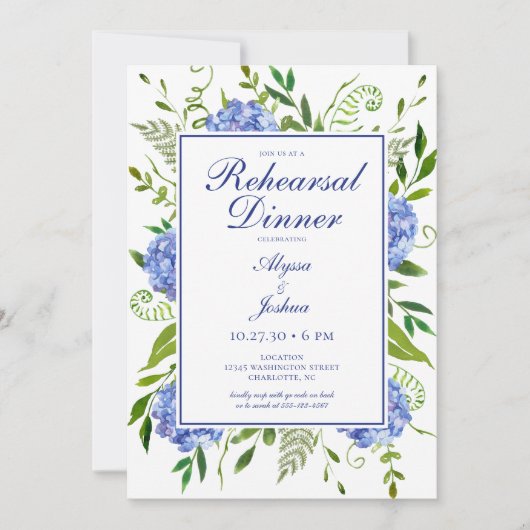 Blue Hydrangeas Floral Waterverf Rehearings Dinner Kaart (Voorkant)