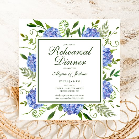 Blue Hydrangeas Floral Waterverf Rehearings Dinner Kaart