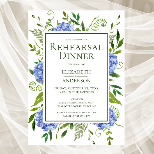 Blue Hydrangeas Floral Waterverf Rehearings Dinner Kaart