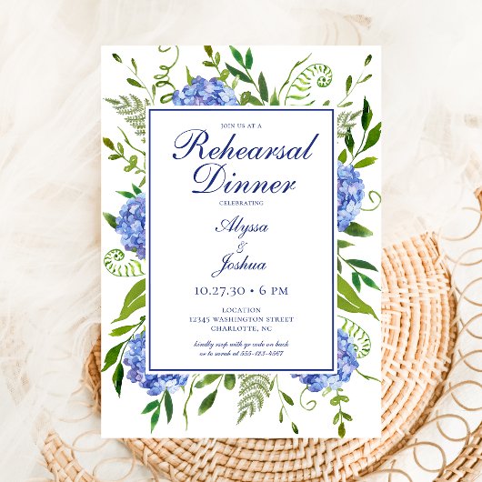 Blue Hydrangeas Floral Waterverf Rehearings Dinner Kaart