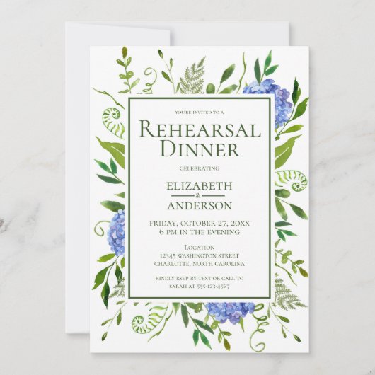 Blue Hydrangeas Floral Waterverf Rehearings Dinner Kaart (Voorkant)