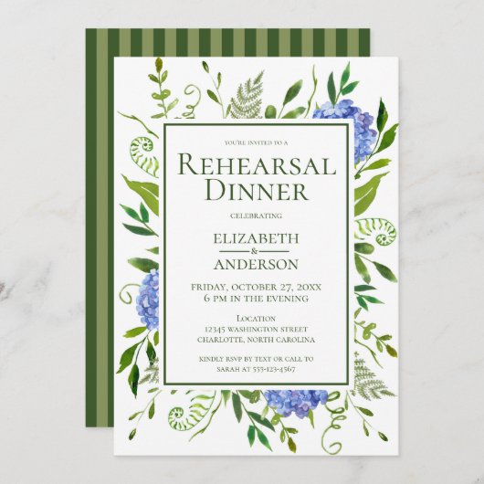 Blue Hydrangeas Floral Waterverf Rehearings Dinner Kaart (Voorkant / Achterkant)